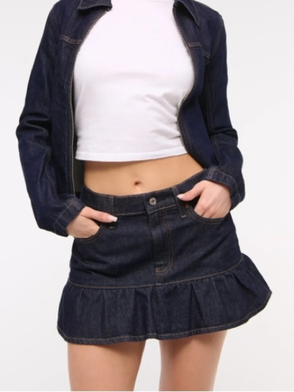 Abercrombie Mid Rise Drop-Waist Ruffle Denim Mini Skirt – Rinse Blue - Picture 1 of 9